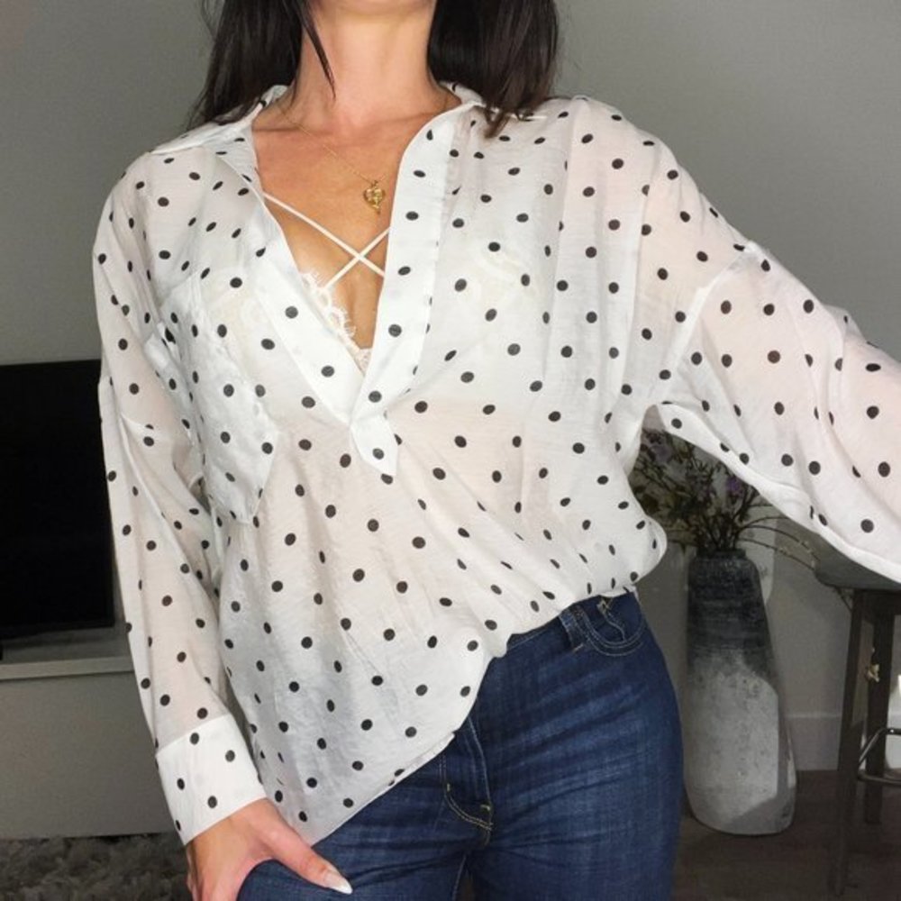 Silky Polka Dot Zara Blouse with a Deep Neckline
